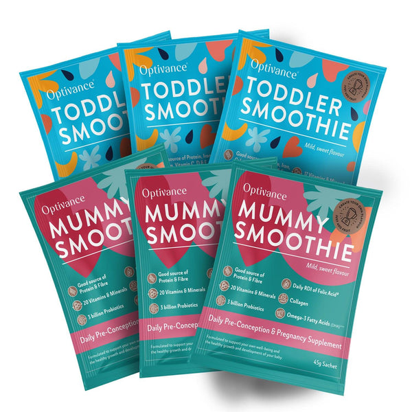 Packages of Optivance Toddler Smoothie and Prenatal Mummy Smoothie on a white background