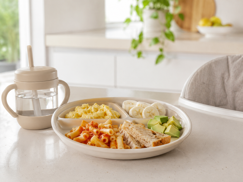 Familiar toddler meal with pasta, scrambled egg, banana, avocado, toast and water on a divided plate in a bright kitchen.