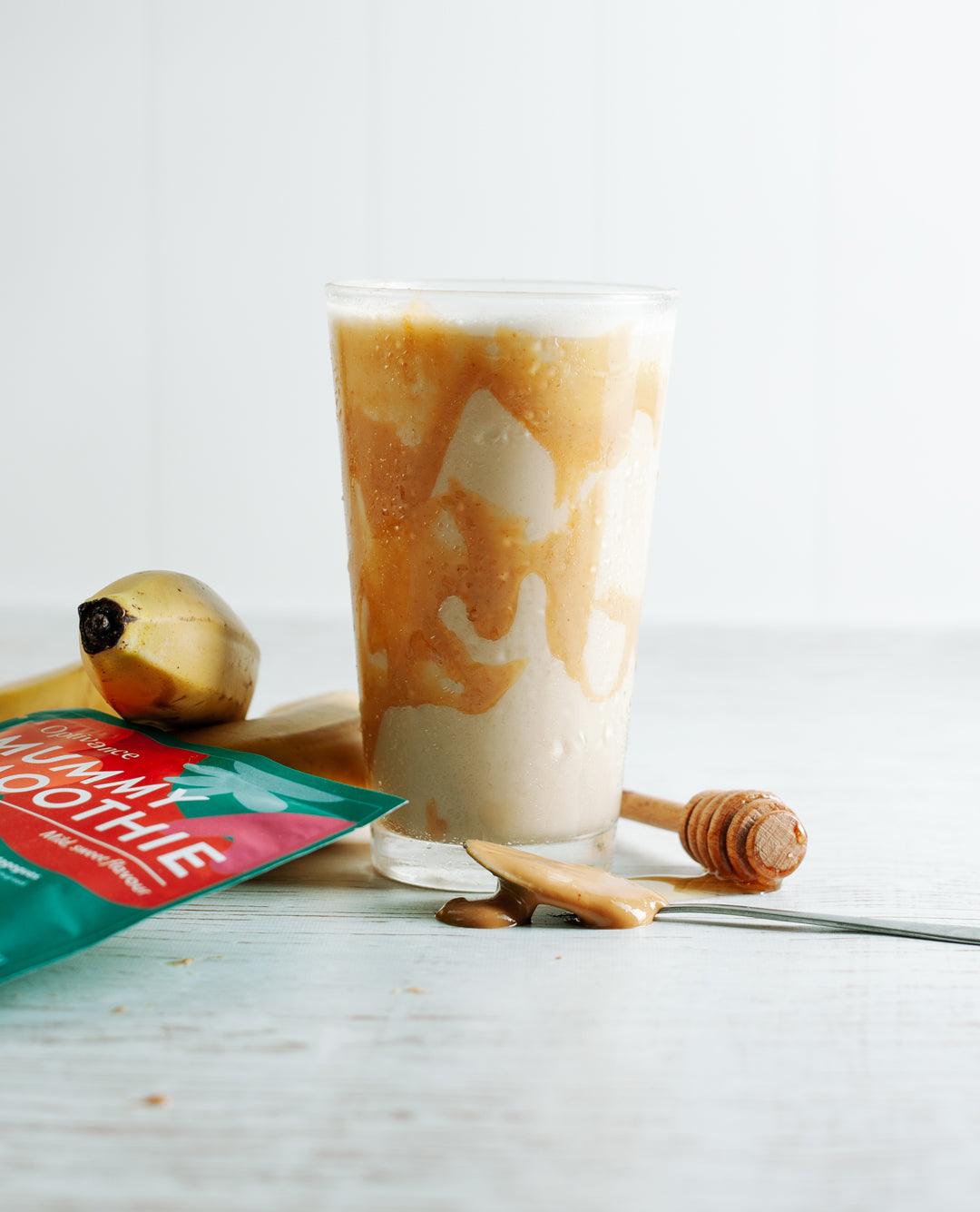 Peanut Butter & Banana Mummy Smoothie recipe for pregnancy and breastfeeding routines.