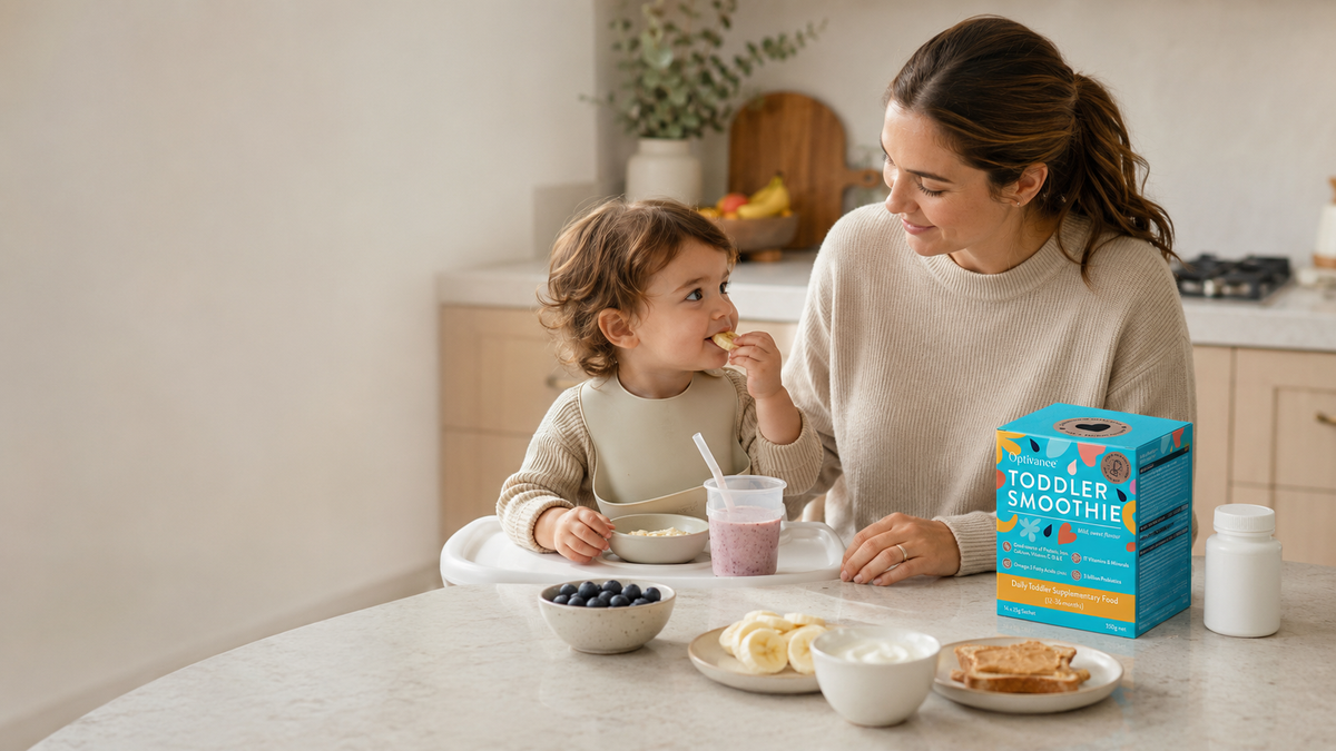 Mum sitting beside her toddler during a calm snack time with Optivance Toddler Smoothie, fruit, yoghurt, toast and a multivitamin bottle on the bench.