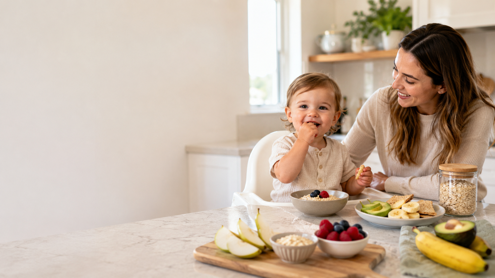 Toddler eating fibre-rich foods with mum nearby in a bright kitchen, including oats, berries, pear, avocado and banana.