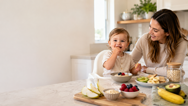 Toddler eating fibre-rich foods with mum nearby in a bright kitchen, including oats, berries, pear, avocado and banana.