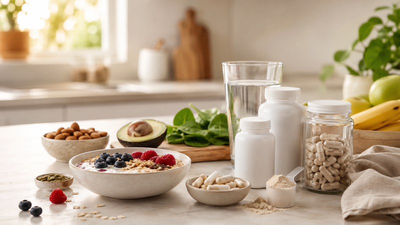 Non-branded supplement bottles, capsules, smoothie powder and fresh foods arranged on a bright kitchen bench to represent food, supplements and nutrition support.
