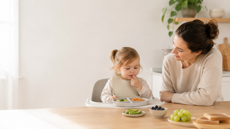 Toddler sitting in a highchair with a parent nearby during a calm mealtime, with small portions of fruit, vegetables and toast on the table.