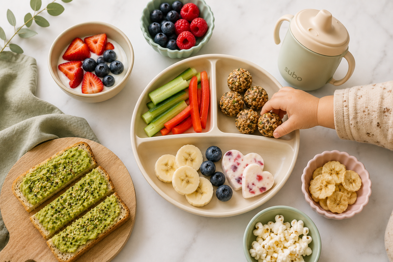 Toddler snack plate with berries, yoghurt, avocado toast, cucumber, capsicum, banana, oat bites and a Subo bottle on a light kitchen bench.