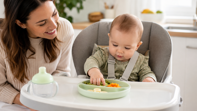 Baby sitting safely in a highchair exploring first foods with a parent nearby