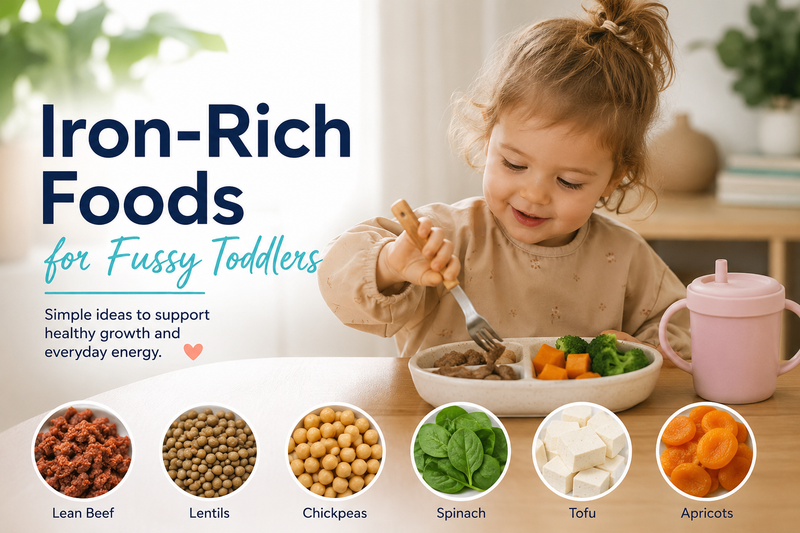 Toddler eating an iron-rich meal with beef, lentils, chickpeas, spinach, tofu and apricots shown as food options for fussy toddlers.