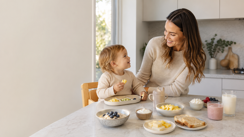 Mum and toddler sharing a calm breakfast with protein-rich foods including eggs, yoghurt, milk, cheese, toast and smoothie in a bright kitchen.