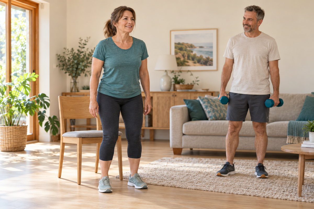 A woman standing in front of a sturdy chair while a man holds light dumbbells during a home strength session.