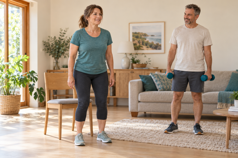 A woman standing in front of a sturdy chair while a man holds light dumbbells during a home strength session.