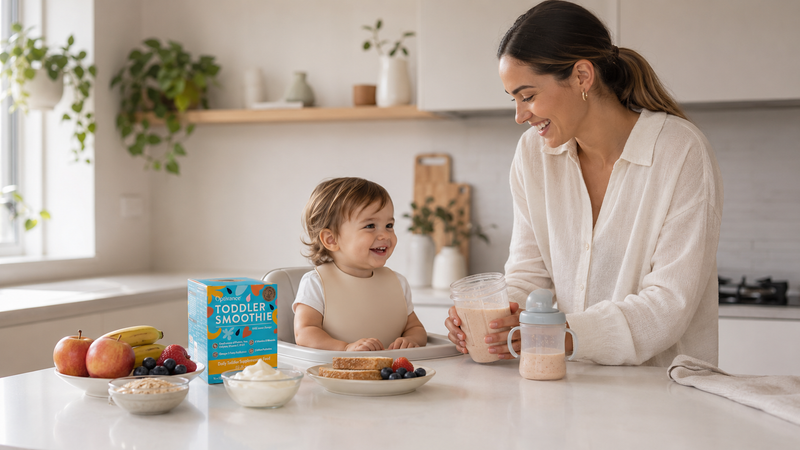 Mum preparing a toddler smoothie in a bright kitchen while her toddler sits nearby, with Optivance Toddler Smoothie and simple family foods on the bench.