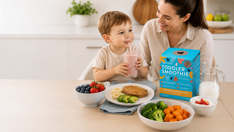 Toddler drinking a smoothie with mum nearby in a bright kitchen, with Optivance Toddler Smoothie box and simple family foods on the table.