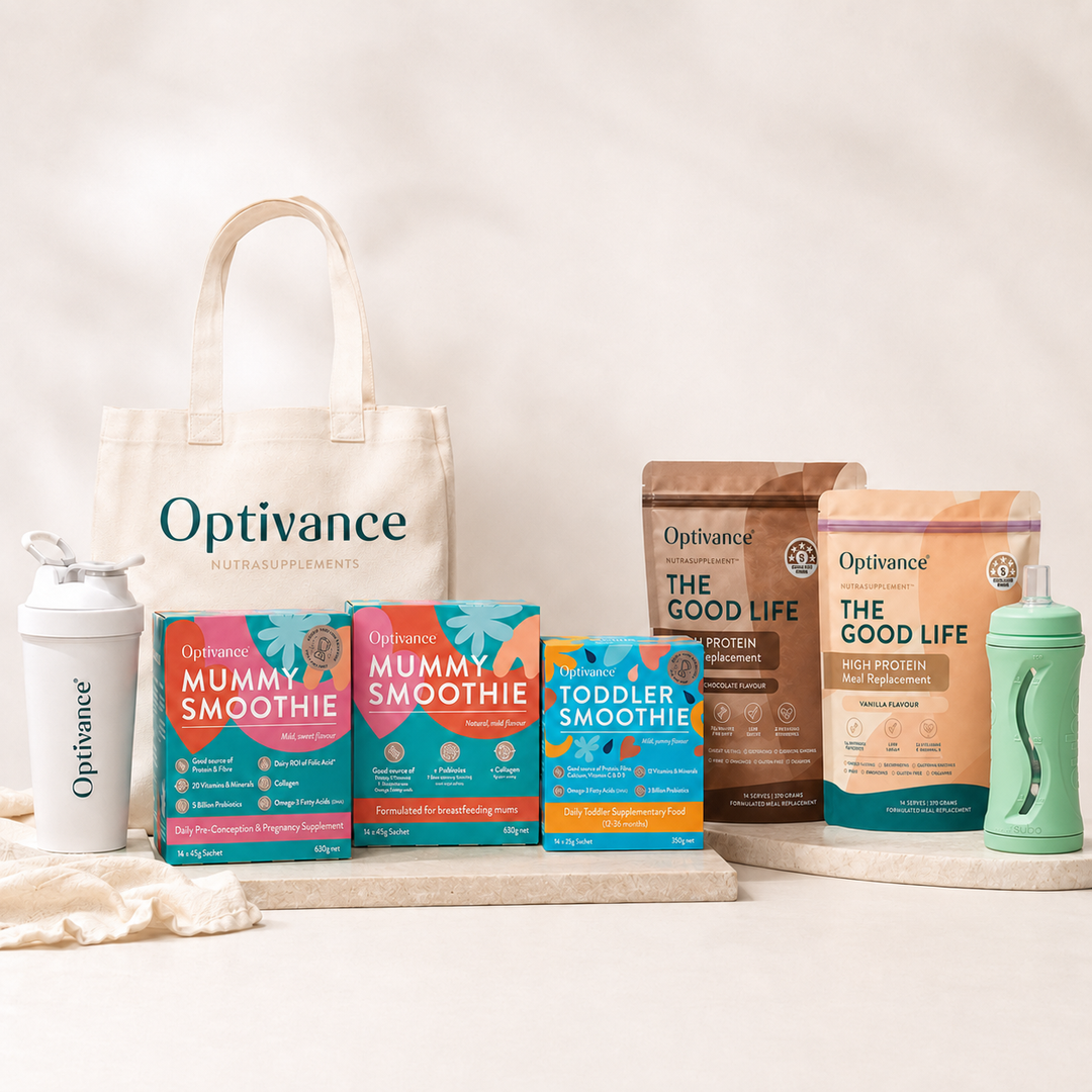 Optivance full product range with Pregnancy Smoothie, Breastfeeding Smoothie, Toddler Smoothie, The Good Life NutraSupplement, shaker, tote and Subo bottle on a light neutral background.