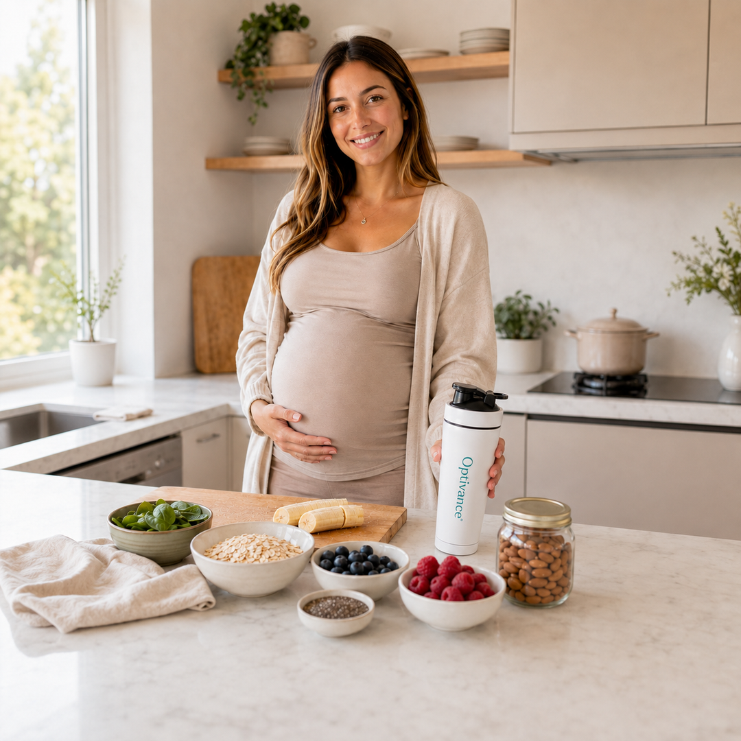 Pregnant mum holding an Optivance shaker in a bright kitchen with smoothie ingredients including oats, banana, berries, almonds, spinach and chia seeds.