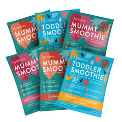 2 Sachets of Optivance Mummy Smoothie for Pregnancy, 2 Sachets Mummy Smoothie for Breastfeeding and 2 Sachets of Toddler Smoothie on a white background