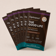 Multiple packages of Optivance 'The Good Life' high protein meal replacement on a beige background