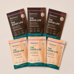 Optivance 'The Good Life' high protein meal replacement packages on a beige background