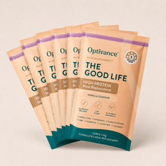 Optivance The Good Life high protein meal replacement packages on a beige background