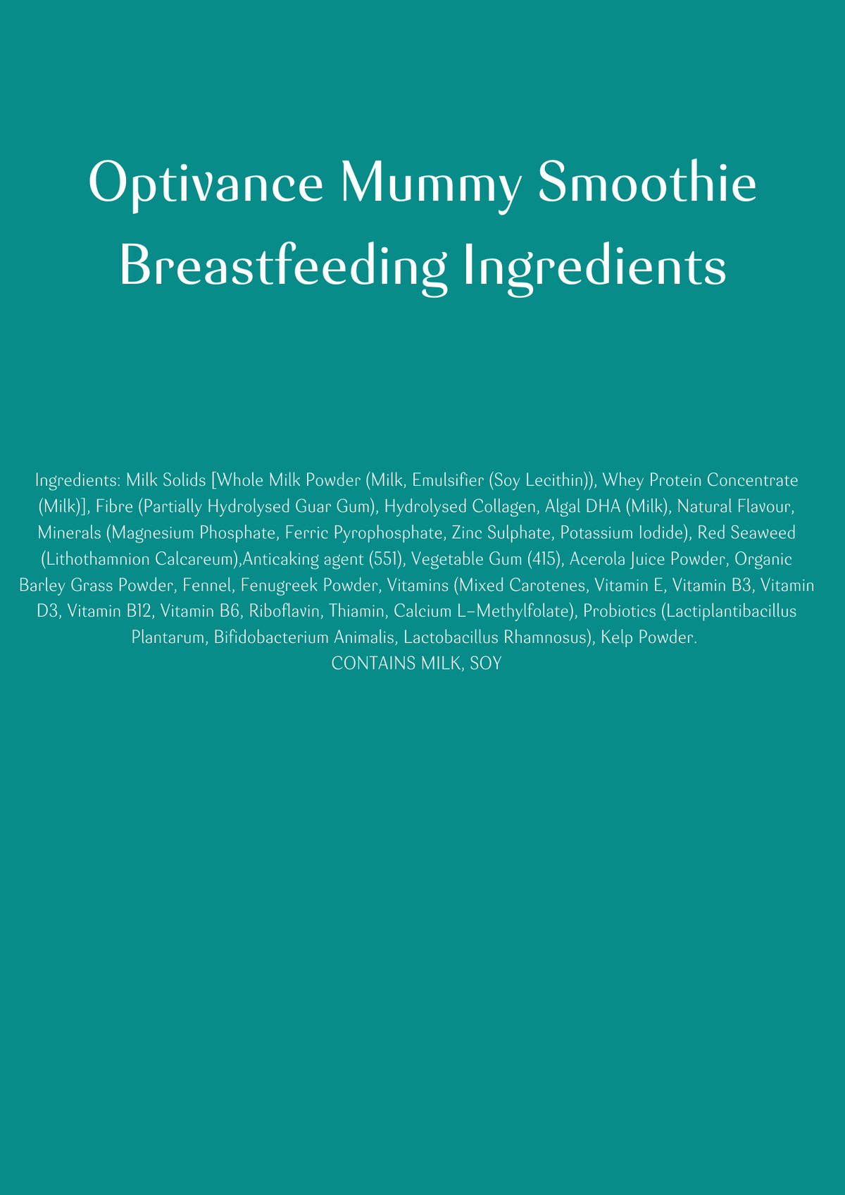 Complete list of ingredients including vitamins, minerals, and natural extracts