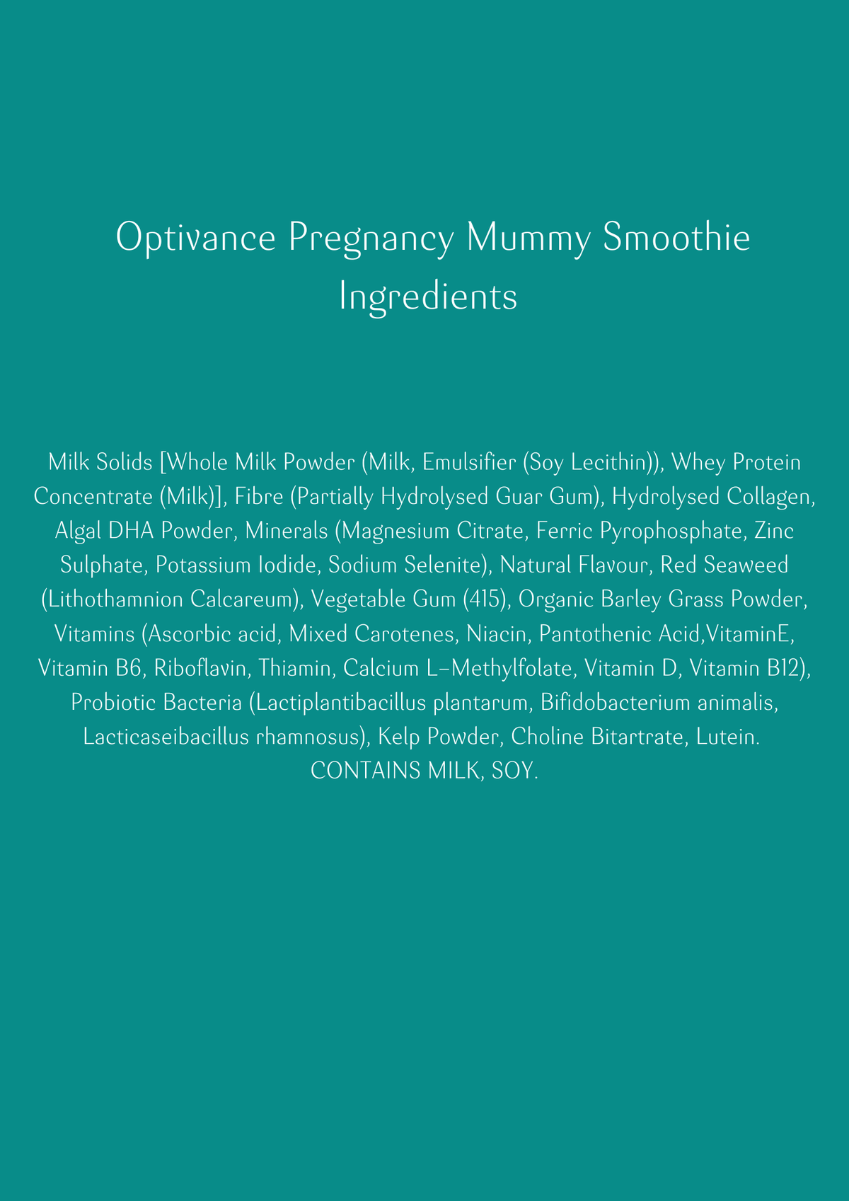 Complete list of ingredients including vitamins, minerals, and natural extracts