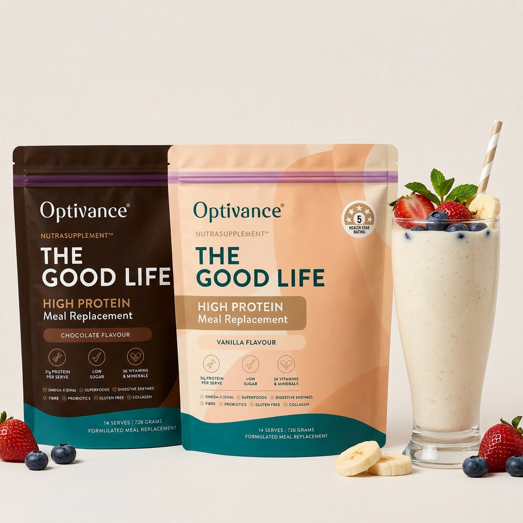 Optivance NutraSupplement pouches with a fresh fruit smoothie