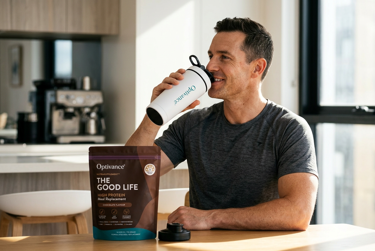 Scooping NutraSupplement into the Optivance shaker bottle.