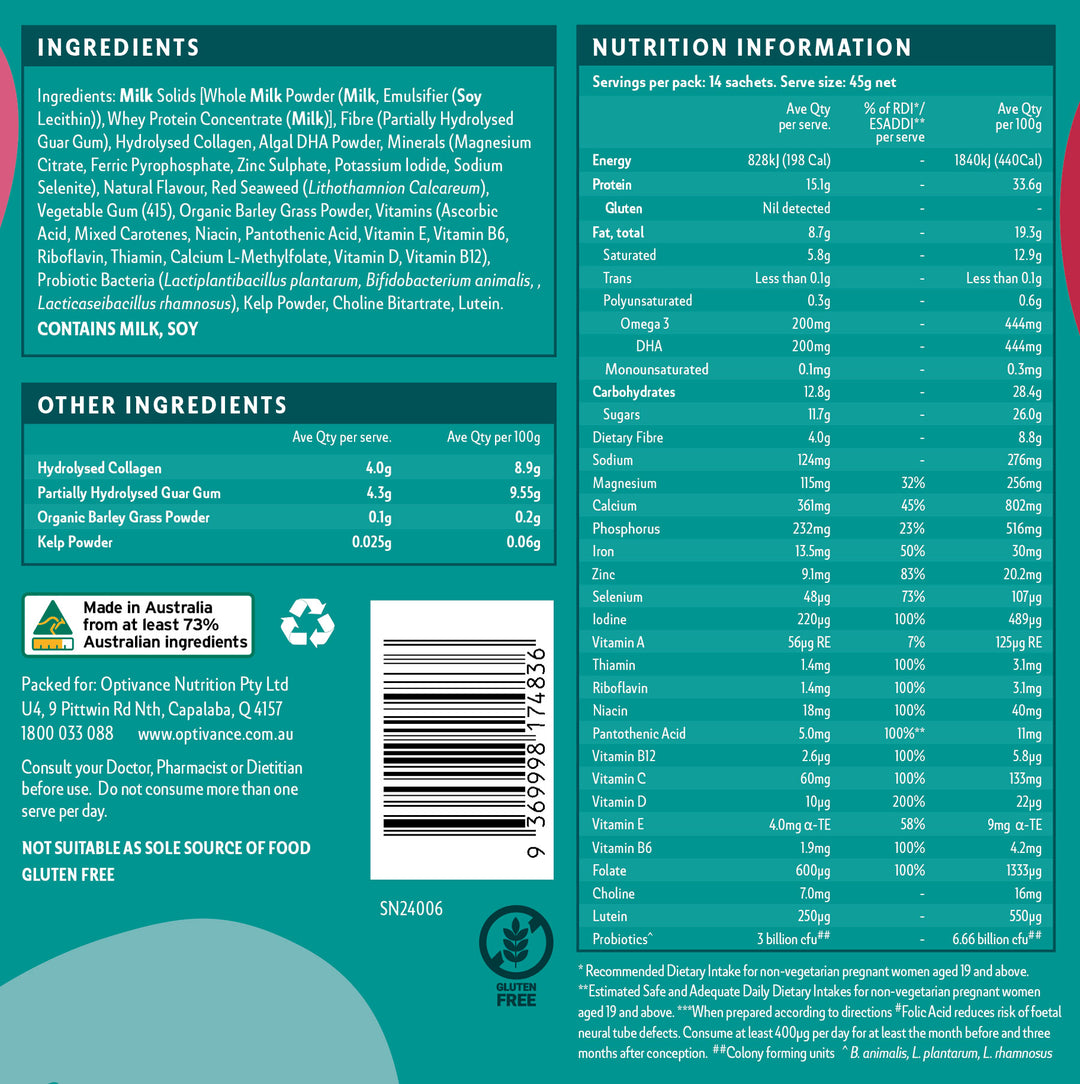 Mummy Smoothie Daily Pre-Conception and Pregnancy Supplement Nutrition Information