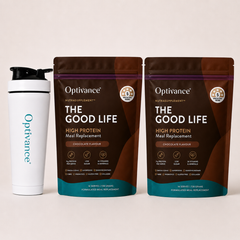 Two Optivance THE GOOD LIFE NutraSupplement Chocolate  meal replacement pouches with Optivance shaker
