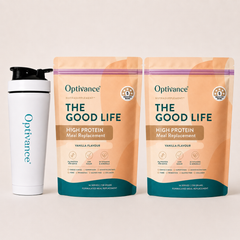 Two Optivance THE GOOD LIFE NutraSupplement Vanilla  meal replacement pouches with Optivance shaker